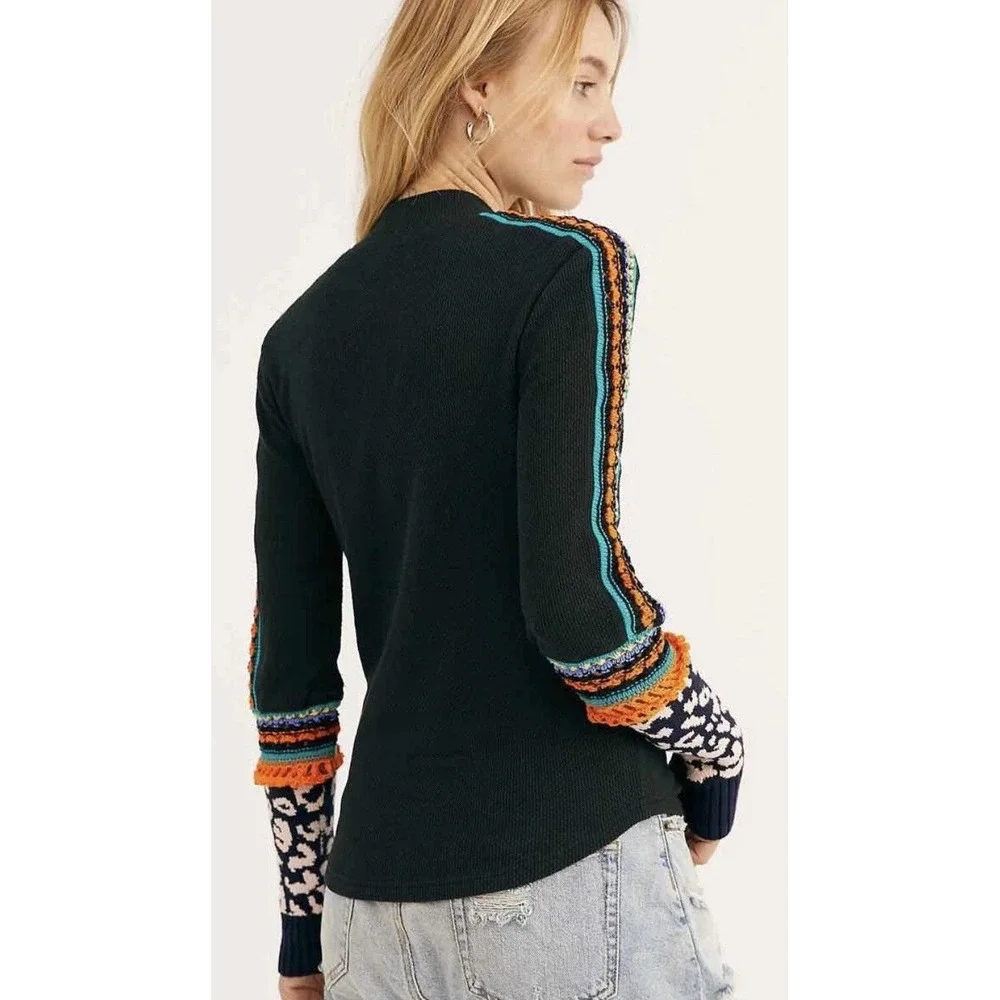 Free People Switch It Up Thermal Top Women Small Black Mixed Media Indie Layer